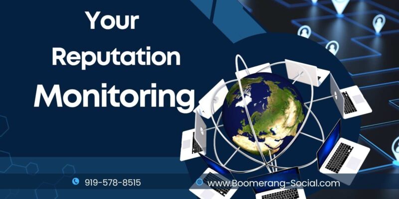 Your Online Reputation Monitoring. Laptops floating around earth. Boomerang Social Marketing