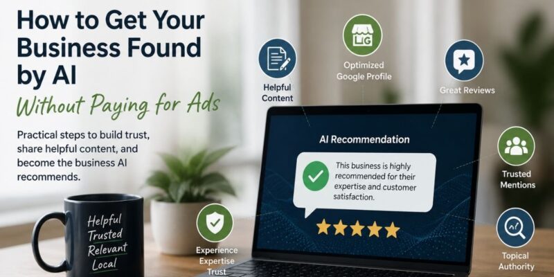 How to get your business found by AI - Laptop and coffee cup with writing